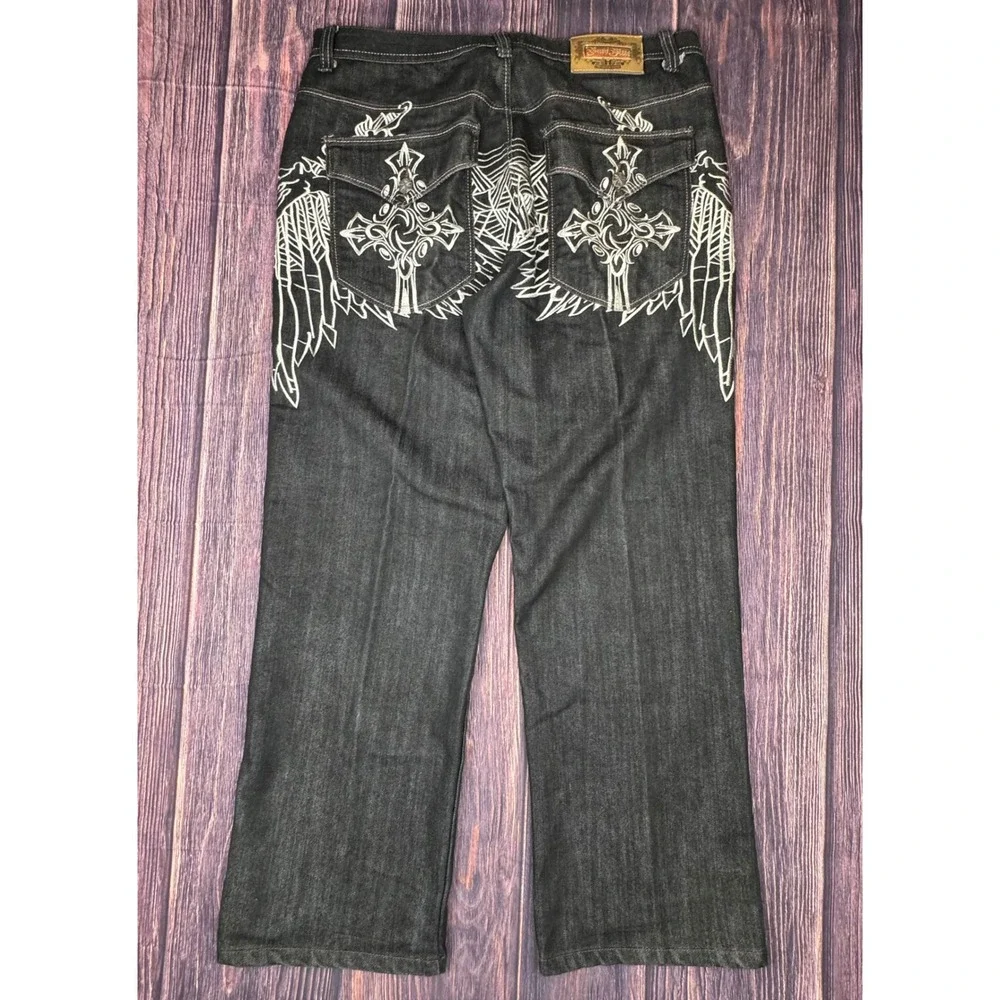 Raw Blue Denim Set 2XL/38x34 Black Gothic Cross Embroidered Y2K Streetwear Suit